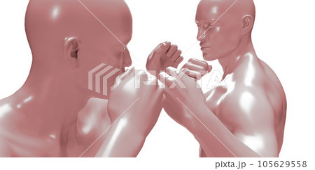 3d render of two boxing shirtless men isolated on white background. Red mannequins. 3d render of two boxing shirtless men isolated on white background. Red mannequins. 105629558