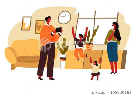 Family spending time at home, man taking photo Family spending time at home, man taking photo 105630163