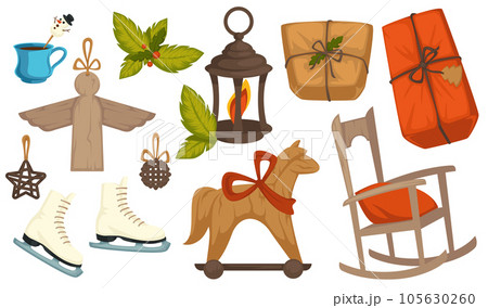 Christmas symbols, gifts box and vintage toys 105630260
