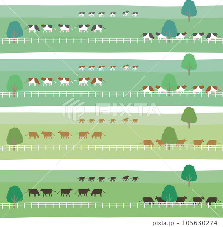 牧場と牛の飼育、畜産、酪農、ホルスタイン、ジャージーなどのイメージイラスト 105630274