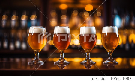 Glasses with different types of beer on bar counter, closeup, Stylish beer glasses full of beer on the bar stand, AI Generated Glasses with different types of beer on bar counter, closeup, Stylish beer glasses full of beer on the bar stand, AI Generated 105631087