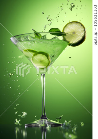 Green Lime Flavored Cocktail Mocktail with Lime Slices Side View 105631103