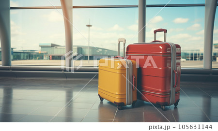 Two stylish suitcases standing in airport hall, travel and vacation concept space for text Two stylish suitcases standing in airport hall, travel and vacation concept space for text 105631144