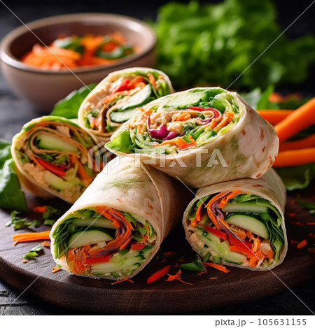 Vegan vegetable wraps, ready to eat, close up 105631155