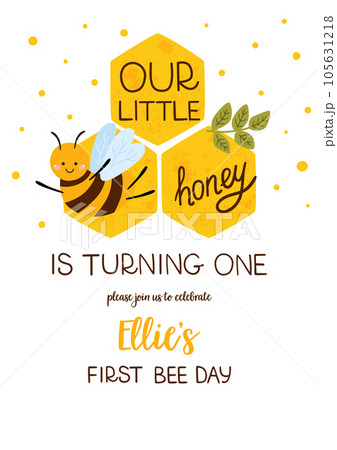 First Baby birthday invitation template. Bee party decorative card for kids birth card with text Our little honey, flowers. Yellow summer vector illustration 105631218