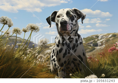 Image of dalmatian dog is in the garden with beautiful flowers in which the background is a bright sky. Pet. Animals. Generative AI. Illustration. 105631243