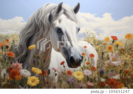 Image of white horse is in the garden with beautiful flowers in which the background is a sky. Wildlife Animals. Generative AI. Illustration. 105631247