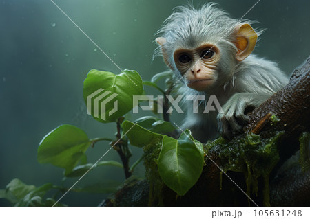 Image of cute baby leaf monkey on tree on nature background. Wildlife Animals. Generative AI. Illustration. 105631248