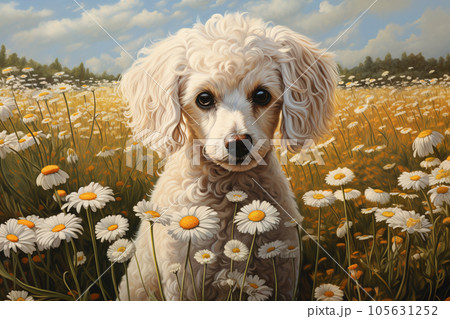 Image of poodle dog is in the garden with beautiful flowers. Pet. Animals. Generative AI. Illustration. 105631252