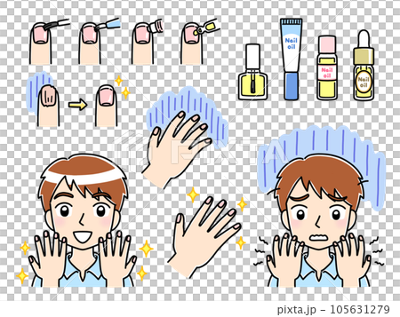 ポップでかわいい手描きネイルケアイラストセット（男性） 105631279