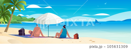 man woman couple sitting together under umbrella on tropical beach summer vacation time to travel concept 105631309