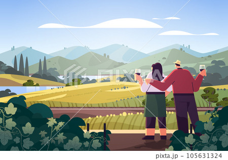 couple drinking wine enjoying landscape view of with clear river mountain ridge green meadow shores nature tourism travel adventure 105631324