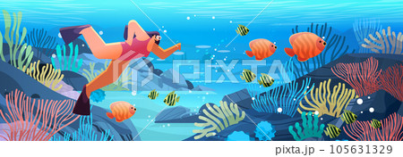 woman tourist in diving mask swimming in sea or ocean and watching marine fauna with fish and coral reef woman tourist in diving mask swimming in sea or ocean and watching marine fauna with fish and coral reef 105631329