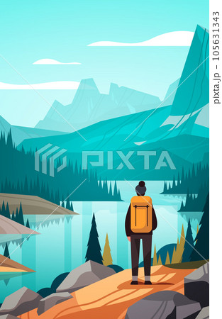 rear view of tourist with backpack travels along mountains and enjoying the view over beautiful nature landscape travelling hiking rear view of tourist with backpack travels along mountains and enjoying the view over beautiful nature landscape travelling hiking 105631343