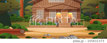 wooden holiday house in forest cottage among trees suburban real estate concept horizontal 105631373