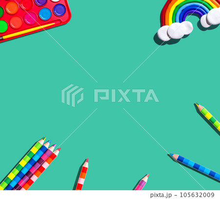 Art supplies with a rainbow - flat lay Art supplies with a rainbow - flat lay 105632009
