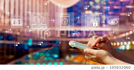 Data Privacy concept with person using a smartphone in city at night 105632060