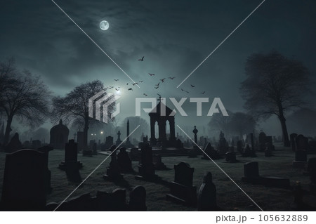 Graveyard in creepy forest in dark night gloomy creepy graves. Generative AI 105632889