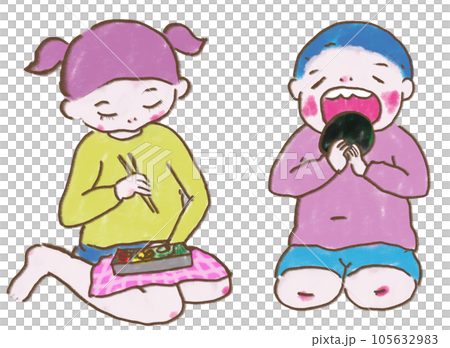 座ってお弁当を食べる子供達 105632983