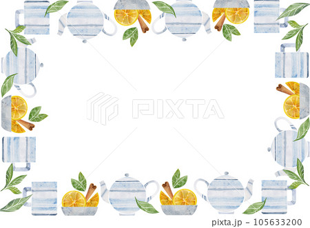 Watercolor hand drawn illustration. Tea pot cups creamer milk jug lemon cinnamon green leaf. Square frame. Isolated on white background. Invitations, cafe, restaurant food menu, print, website, cards 105633200
