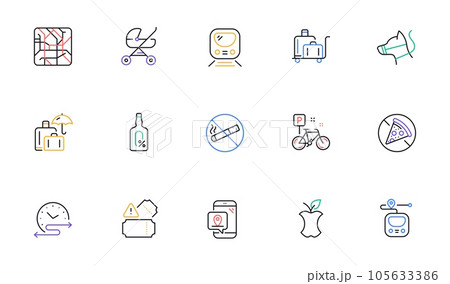 Underground line icons. Subway map, Station location, Metro rules. Dog on leash, Apple core, No smoking outline icons. Underground tickets, No alcohol drink, food at metro. Baby carriage place. Vector Underground line icons. Subway map, Station location, Metro rules. Dog on leash, Apple core, No smoking outline icons. Underground tickets, No alcohol drink, food at metro. Baby carriage place. Vector 105633386