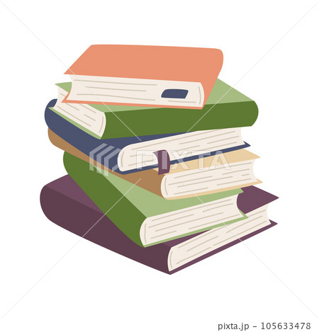 Paper hardcover books. Reading, studying at school, university, college. Pile of textbooks. Library novel, encyclopedia or dictionary. Flat cartoon vector illustration isolated on white background 105633478