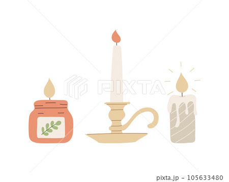 Burning wax candles in candle holder, jar. A symbol of coziness, religion, celebration, esotericism, spiritualism, studying. Flat cartoon color vector illustration isolated on a white background Burning wax candles in candle holder, jar. A symbol of coziness, religion, celebration, esotericism, spiritualism, studying. Flat cartoon color vector illustration isolated on a white background 105633480