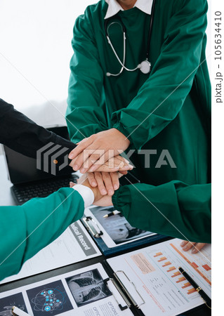 Team Doctors nurses union coordinate hands Teamwork Concept in hospital for success and trust in the team.. Team Doctors nurses union coordinate hands Teamwork Concept in hospital for success and trust in the team.. 105634410