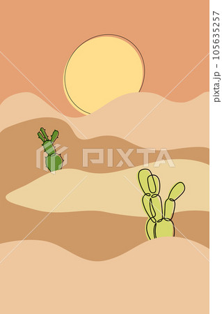 Cactus poster. Desert landscape. Sand hills. Wild nature panorama. Saguaro plants. Dry land. Green cacti succulents. Mexican mountain. Wilderness sky horizon. Doodle drawing. Vector scenery background Cactus poster. Desert landscape. Sand hills. Wild nature panorama. Saguaro plants. Dry land. Green cacti succulents. Mexican mountain. Wilderness sky horizon. Doodle drawing. Vector scenery background 105635257