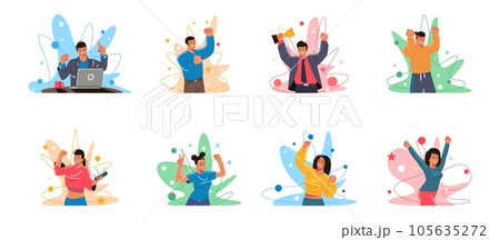 Winner people, celebrate triumph. Happy smiling men and women. Business and sport achievement, champion win, victory group, leader hold gold goblet. Successful characters. Vector cartoon illustration 105635272