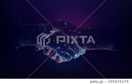 Hand shake. Partnership gesture. Partners communication technology. Digital and virtual business relationship. Business deal. Trust and cooperation. Abstract polygons. Vector geometric exact concept Hand shake. Partnership gesture. Partners communication technology. Digital and virtual business relationship. Business deal. Trust and cooperation. Abstract polygons. Vector geometric exact concept 105635274