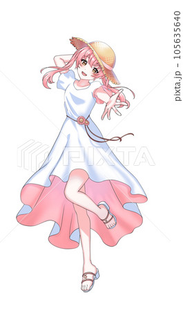 ワンピースを着て麦わら帽子をかぶったピンク担当ツインテールの女の子のイラスト素材 105635640
