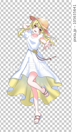 穿著裙子和草帽的黃色雙馬尾女孩 穿著裙子和草帽的黃色雙馬尾女孩 105635641