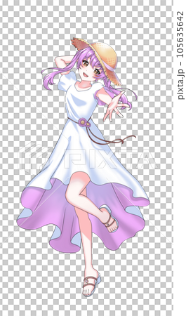 穿著裙子和草帽的紫色雙馬尾女孩 穿著裙子和草帽的紫色雙馬尾女孩 105635642