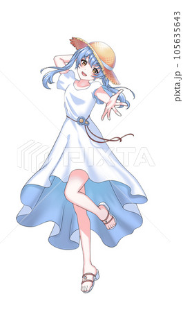 ワンピースを着て麦わら帽子をかぶった青担当ツインテールの女の子 ワンピースを着て麦わら帽子をかぶった青担当ツインテールの女の子 105635643