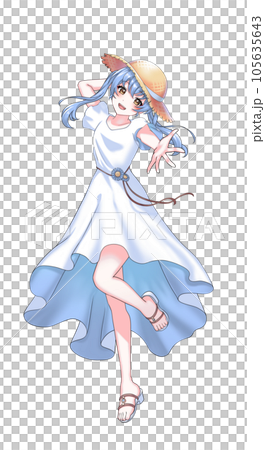 ワンピースを着て麦わら帽子をかぶった青担当ツインテールの女の子 ワンピースを着て麦わら帽子をかぶった青担当ツインテールの女の子 105635643