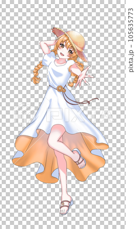 A girl with orange braids wearing a dress and a straw hat A girl with orange braids wearing a dress and a straw hat 105635773