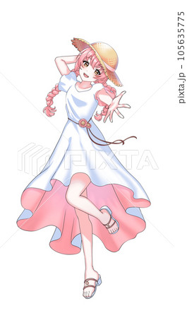 ワンピースを着て麦わら帽子をかぶったピンク担当三つ編みの女の子 105635775