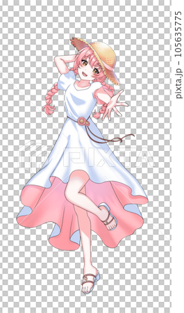 A pink braided girl wearing a dress and a straw hat 105635775