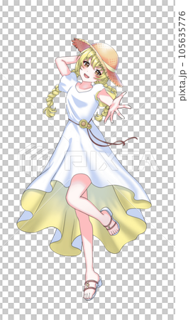 A yellow braided girl wearing a dress and a straw hat 105635776