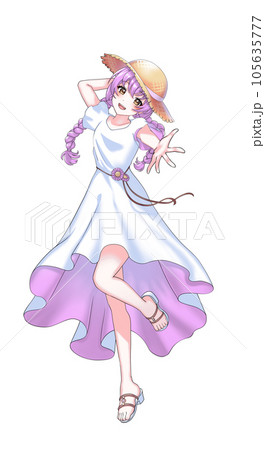 ワンピースを着て麦わら帽子をかぶった紫担当三つ編みの女の子 ワンピースを着て麦わら帽子をかぶった紫担当三つ編みの女の子 105635777