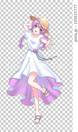 ワンピースを着て麦わら帽子をかぶった紫担当三つ編みの女の子 ワンピースを着て麦わら帽子をかぶった紫担当三つ編みの女の子 105635777
