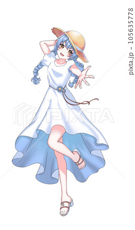 ワンピースを着て麦わら帽子をかぶった青担当三つ編みの女の子 ワンピースを着て麦わら帽子をかぶった青担当三つ編みの女の子 105635778