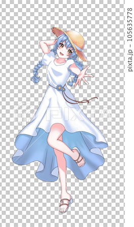 ワンピースを着て麦わら帽子をかぶった青担当三つ編みの女の子 ワンピースを着て麦わら帽子をかぶった青担当三つ編みの女の子 105635778