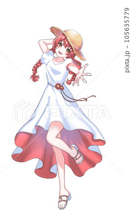 ワンピースを着て麦わら帽子をかぶった赤担当三つ編みの女の子 105635779
