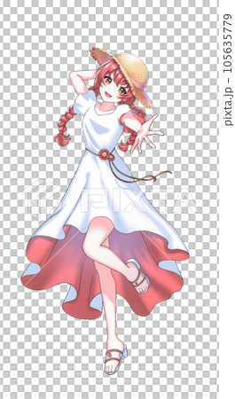 A red braided girl wearing a dress and a straw hat A red braided girl wearing a dress and a straw hat 105635779