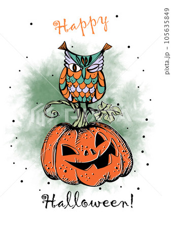 A Halloween greeting card. Owl with pumpkin. Vector A Halloween greeting card. Owl with pumpkin. Vector 105635849