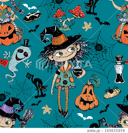 Seamless pattern on Halloween theme with little girls witches pumpkins and various horror elements. Vector Seamless pattern on Halloween theme with little girls witches pumpkins and various horror elements. Vector 105635859