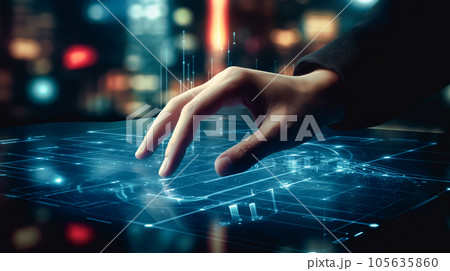 未来の仮想スクリーンで操作する男性の手 未来の仮想スクリーンで操作する男性の手 105635860