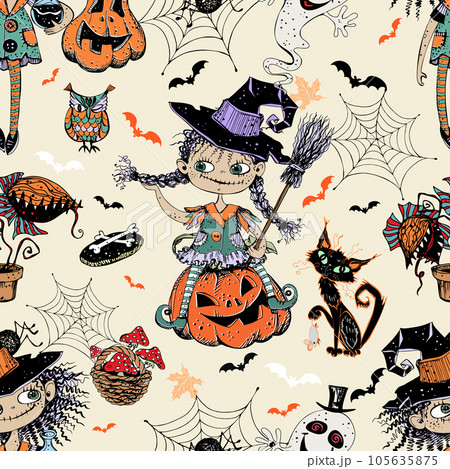 Seamless pattern on Halloween theme with little girls witches pumpkins and various horror elements. Vector Seamless pattern on Halloween theme with little girls witches pumpkins and various horror elements. Vector 105635875